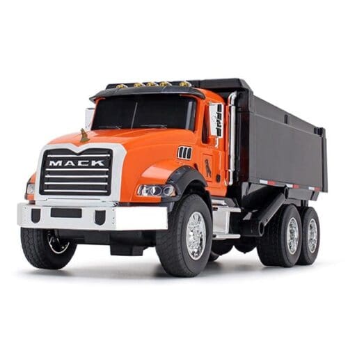 A toy dump truck is orange and black.