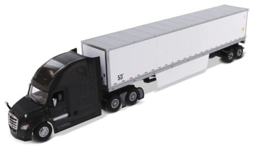 A toy semi truck with its trailer is shown.