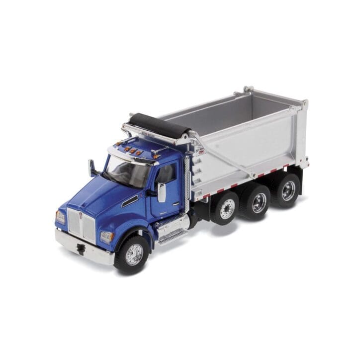 A blue dump truck with a white side.