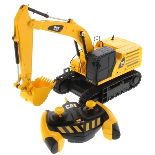 A remote controlled toy excavator and a remote control truck.