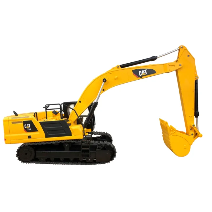 A yellow toy excavator is on the ground.