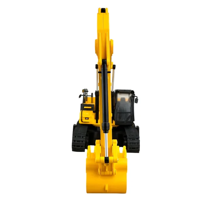 A toy excavator is shown with the front end down.