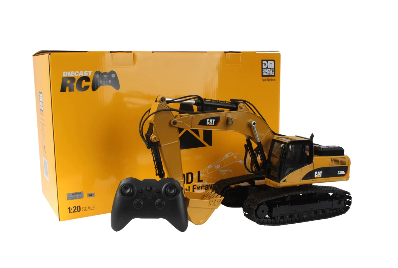 A remote controlled toy excavator with box.