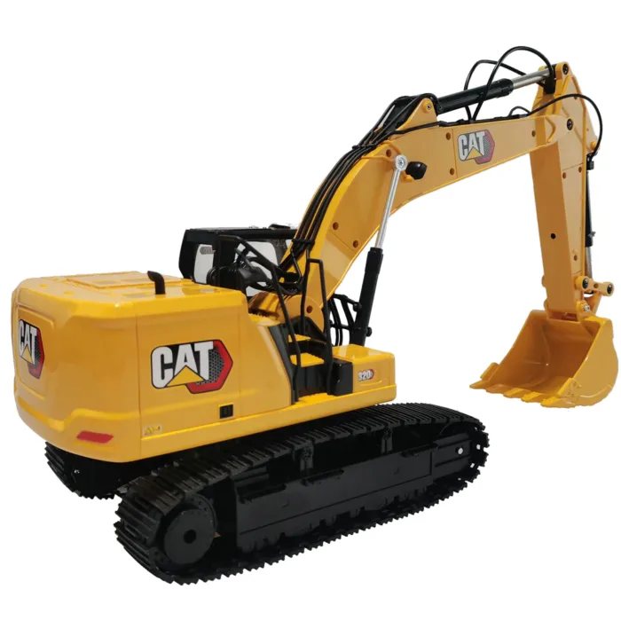 A yellow cat excavator with tracks and bucket.