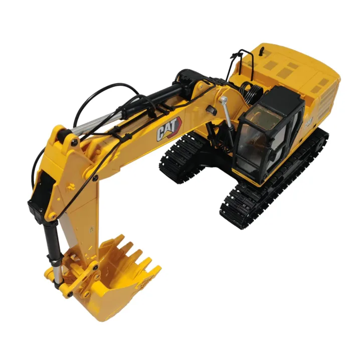 A yellow and black toy excavator with a bucket.