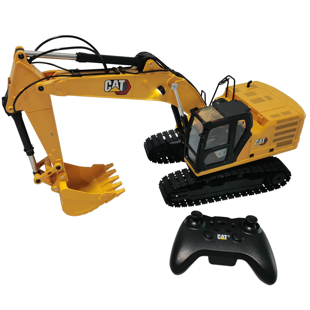 A remote controlled toy excavator with tracks.