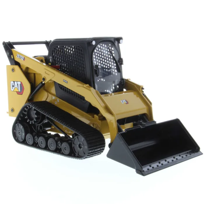 A toy cat track loader with its bucket on the back.
