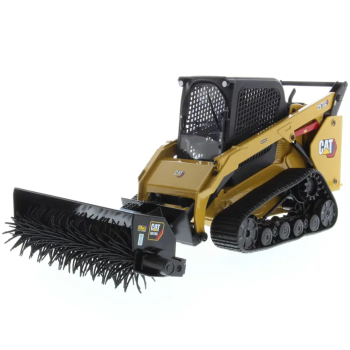A yellow and black skid steer with a brush attachment.