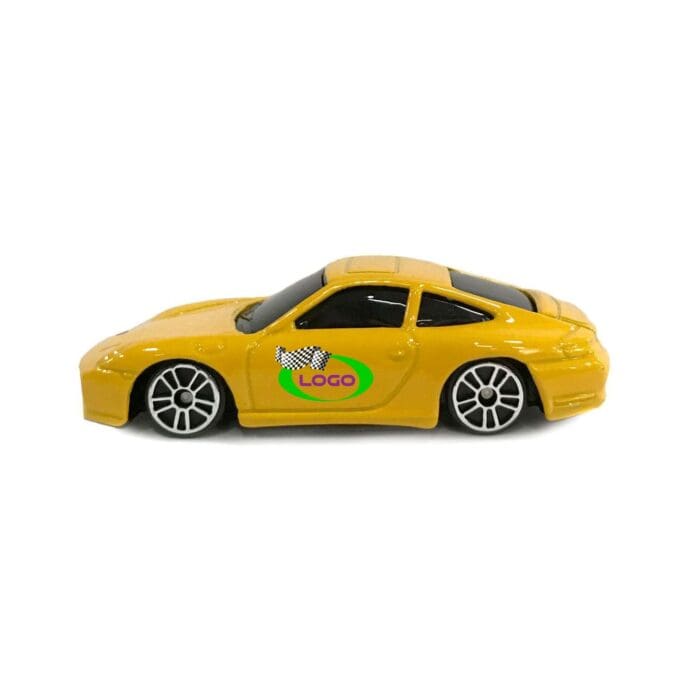 A yellow toy car with a logo on the side.