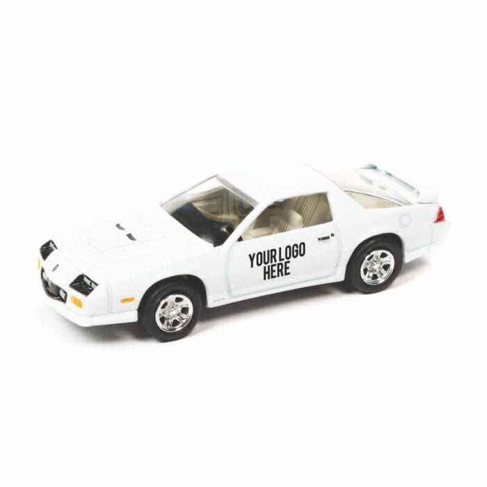 A white toy car with the hood up.