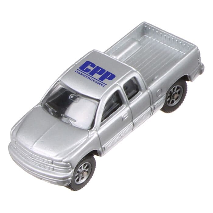 A silver truck with cpp on the bed.